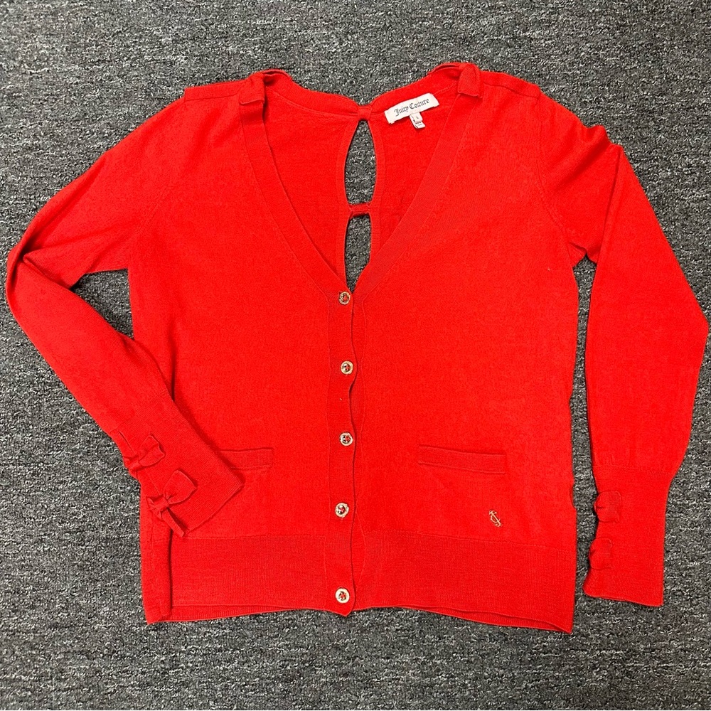 Juicy Couture Elisa Bow Button Down Wool Open Back Cardigan Size Womens Size M